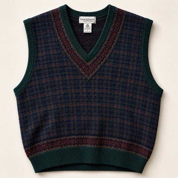 Tricots St. Raphael Other - VTG Tricots St Raphael Sweater Vest L Pure New Wool Plaid Grandpa Academia